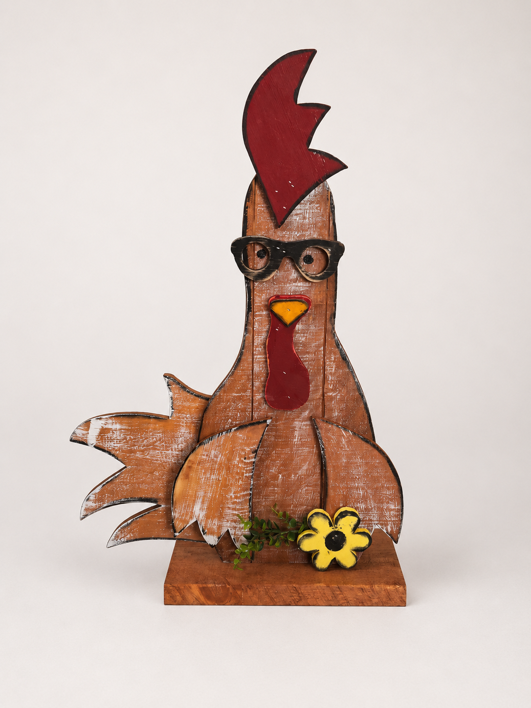 Amish Made Rooster with Glasses Porch Sitter and Yard Stake | Handmade Wooden Garden Decor | Rustic Spring Decor