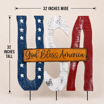 Amish Made USA Porch Sitter and Garden Stake| Rustic Patriotic Wooden Decor, God Bless America Sign