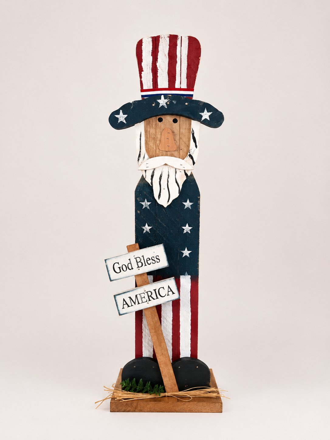 Amish Made Uncle Sam Porch Sitter | Handmade Patriotic Wooden Decor | God Bless America Sign | Rustic Americana Porch Decoration