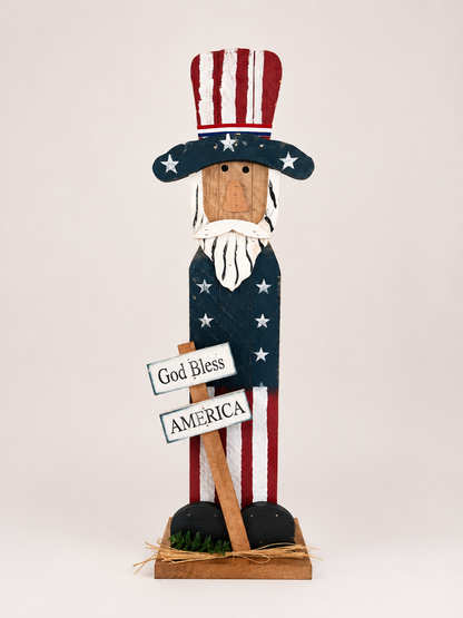 Amish Made Uncle Sam Porch Sitter | Handmade Patriotic Wooden Decor | God Bless America Sign | Rustic Americana Porch Decoration