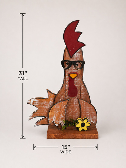 Amish Made Rooster with Glasses Porch Sitter and Yard Stake | Handmade Wooden Garden Decor | Rustic Spring Decor
