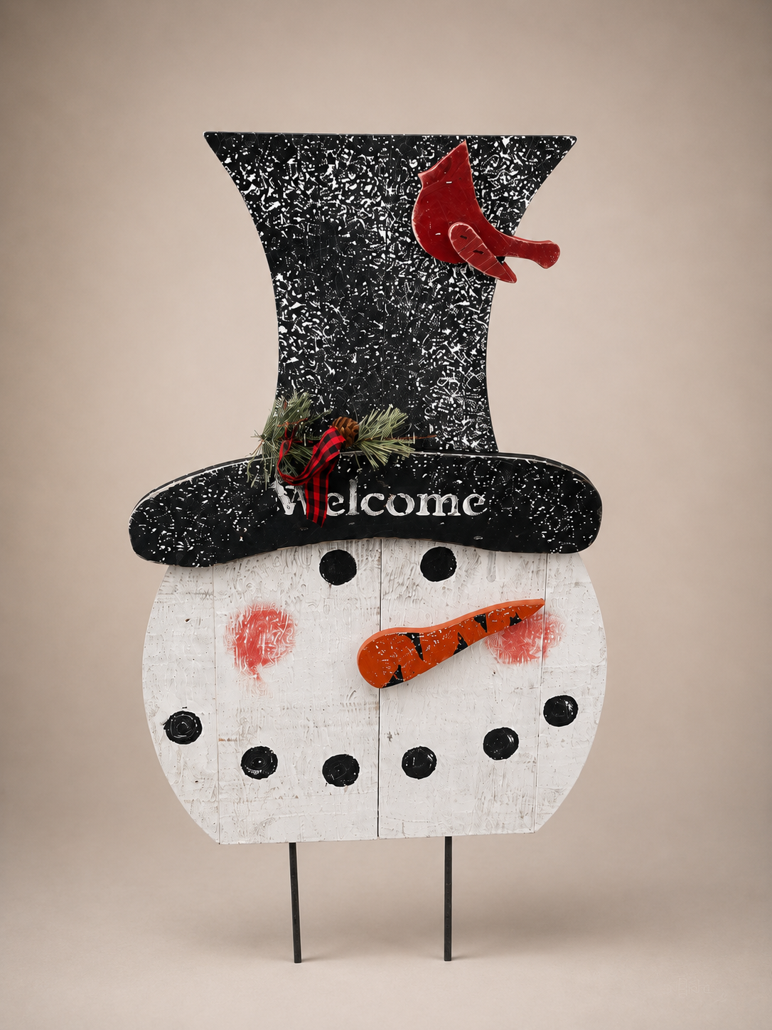 Amish Made Welcome Snowman Head Porch Sitter and Yard Stake | Handmade Christmas Garden Decor | Rustic Winter Decor