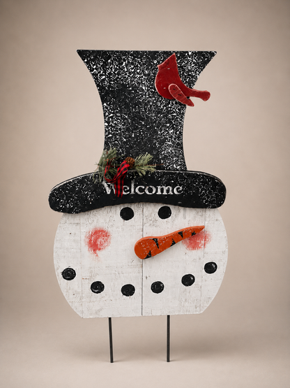 Amish Made Welcome Snowman Head Porch Sitter and Yard Stake | Handmade Christmas Garden Decor | Rustic Winter Decor