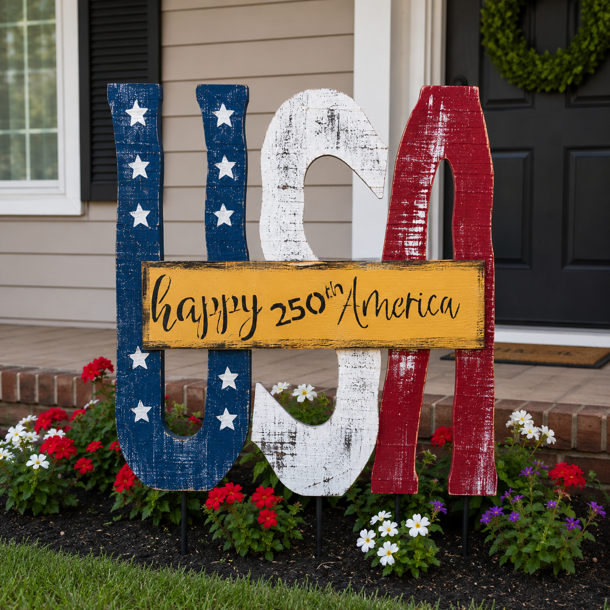Amish Made USA Porch Sitter and Garden Stake| Rustic Patriotic Wooden Decor, God Bless America Sign