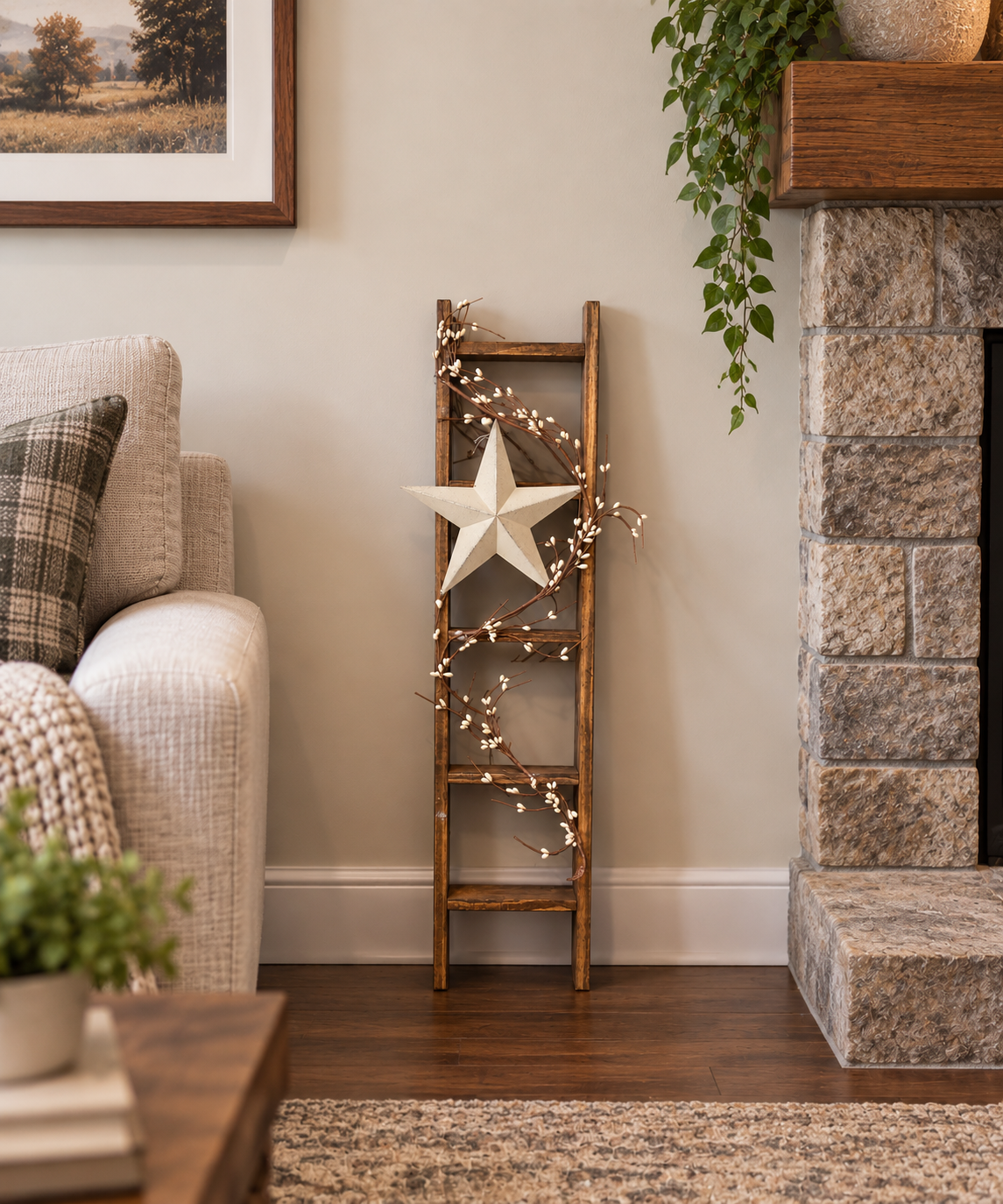 Rustic Farmhouse Decorative Ladder with Cream Barn Star & Pip Berry Garland | Primitive Country Home Decor | 30 Inch Wood Ladder