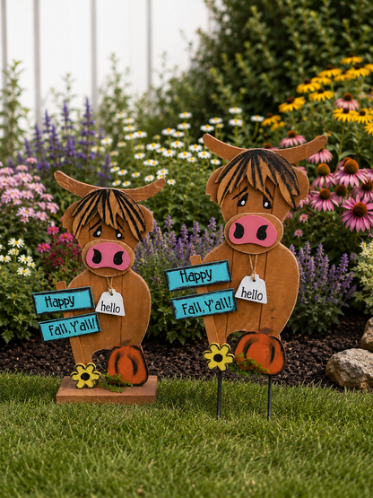 Amish Made "Happy Fall Y'all" Highland Cow Porch Sitter and Yard Stake | Handmade Wooden Garden Decor | Rustic Fall Decor