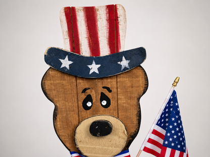 Amish Made Patriotic Wooden Bear Yard Stake | Handmade Uncle Sam Bear Garden Decor | Rustic 4th of July Outdoor Decoration