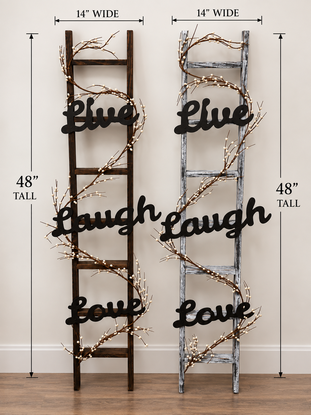 Amish Made Rustic Live Laugh Love Ladder Decor, 48 Inch Farmhouse Decorative Ladder, Pip Berry Garland, Primitive Country Home Decor