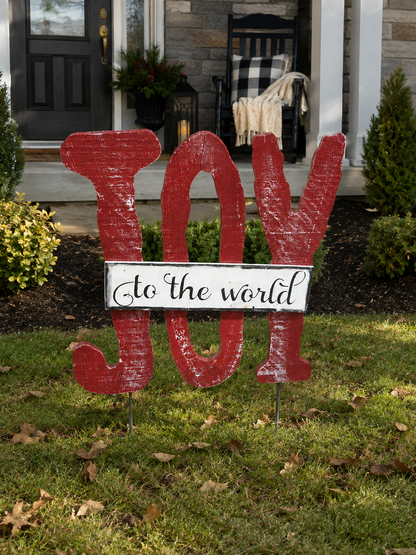 Amish Made JOY Porch Sitter and Yard Stake | Handmade Christmas Garden Decor | Rustic Winter Decor
