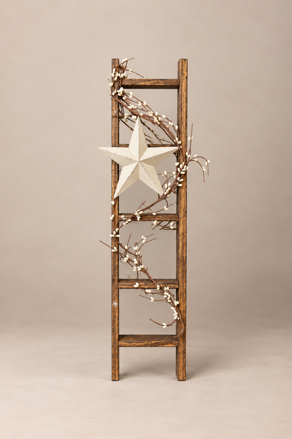 Rustic Farmhouse Decorative Ladder with Cream Barn Star & Pip Berry Garland | Primitive Country Home Decor | 30 Inch Wood Ladder