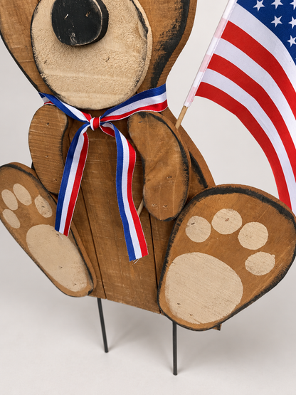 Amish Made Patriotic Wooden Bear Yard Stake | Handmade Uncle Sam Bear Garden Decor | Rustic 4th of July Outdoor Decoration