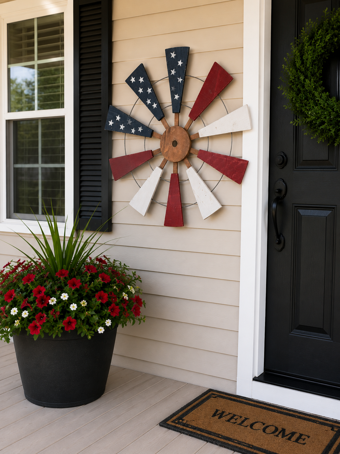 Amish Made Patriotic Windmill Wall Decor | Handmade Wooden American Flag  | Rustic Americana Wall Art | 4th of July Porch Decoration
