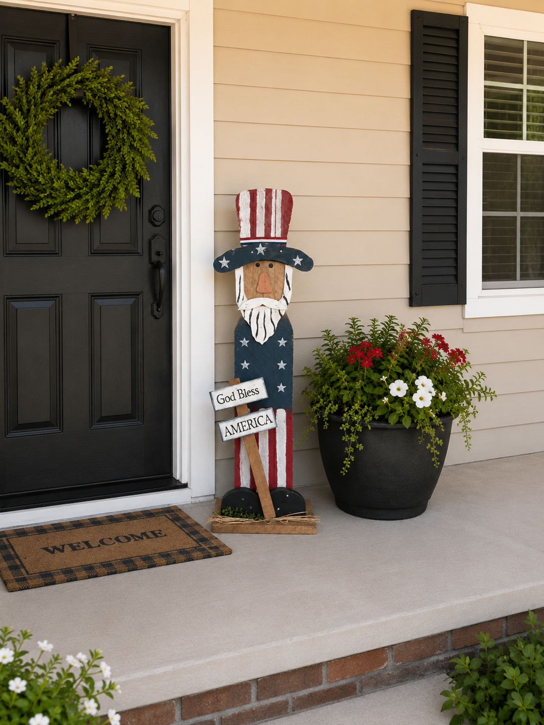 Amish Made Uncle Sam Porch Sitter | Handmade Patriotic Wooden Decor | God Bless America Sign | Rustic Americana Porch Decoration