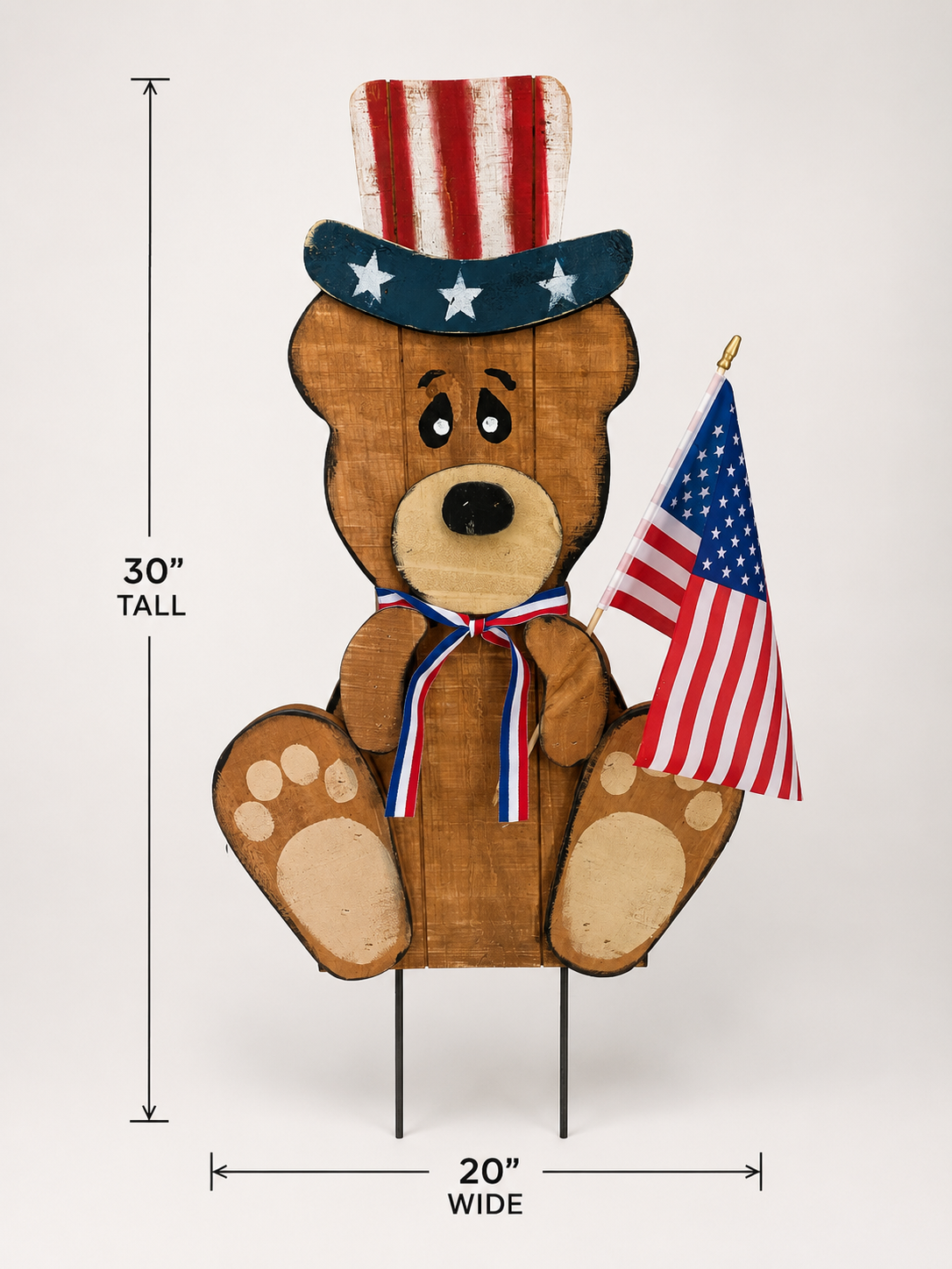 Amish Made Patriotic Wooden Bear Yard Stake | Handmade Uncle Sam Bear Garden Decor | Rustic 4th of July Outdoor Decoration