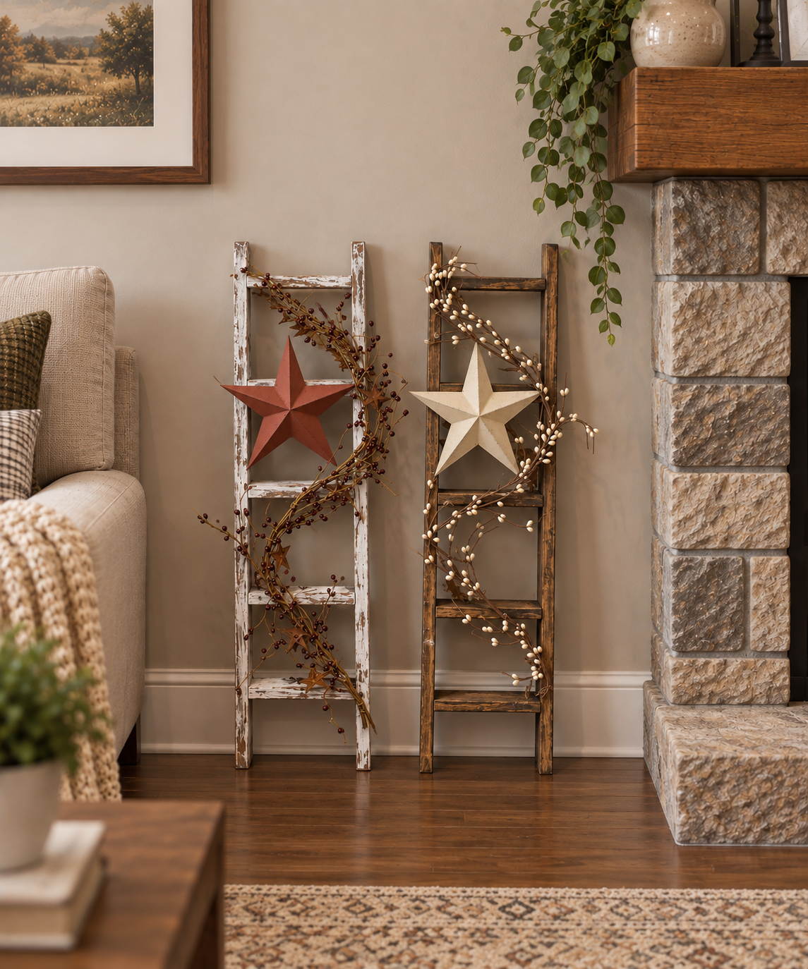 Rustic Farmhouse Decorative Ladder with Cream Barn Star & Pip Berry Garland | Primitive Country Home Decor | 30 Inch Wood Ladder