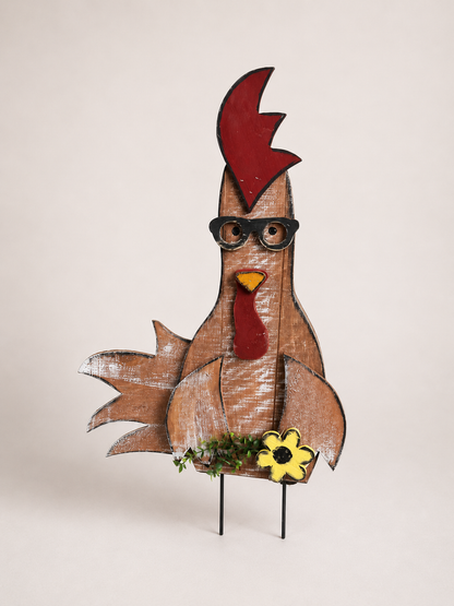 Amish Made Rooster with Glasses Porch Sitter and Yard Stake | Handmade Wooden Garden Decor | Rustic Spring Decor