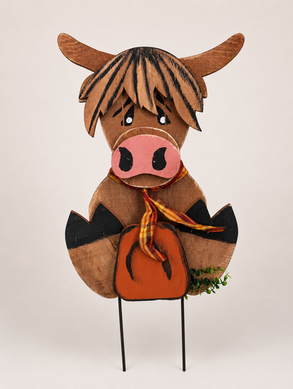Amish Made Fall Highland Cow Porch Sitter and Yard Stake | Handmade Wooden Garden Decor | Rustic Fall Decor (Copy)