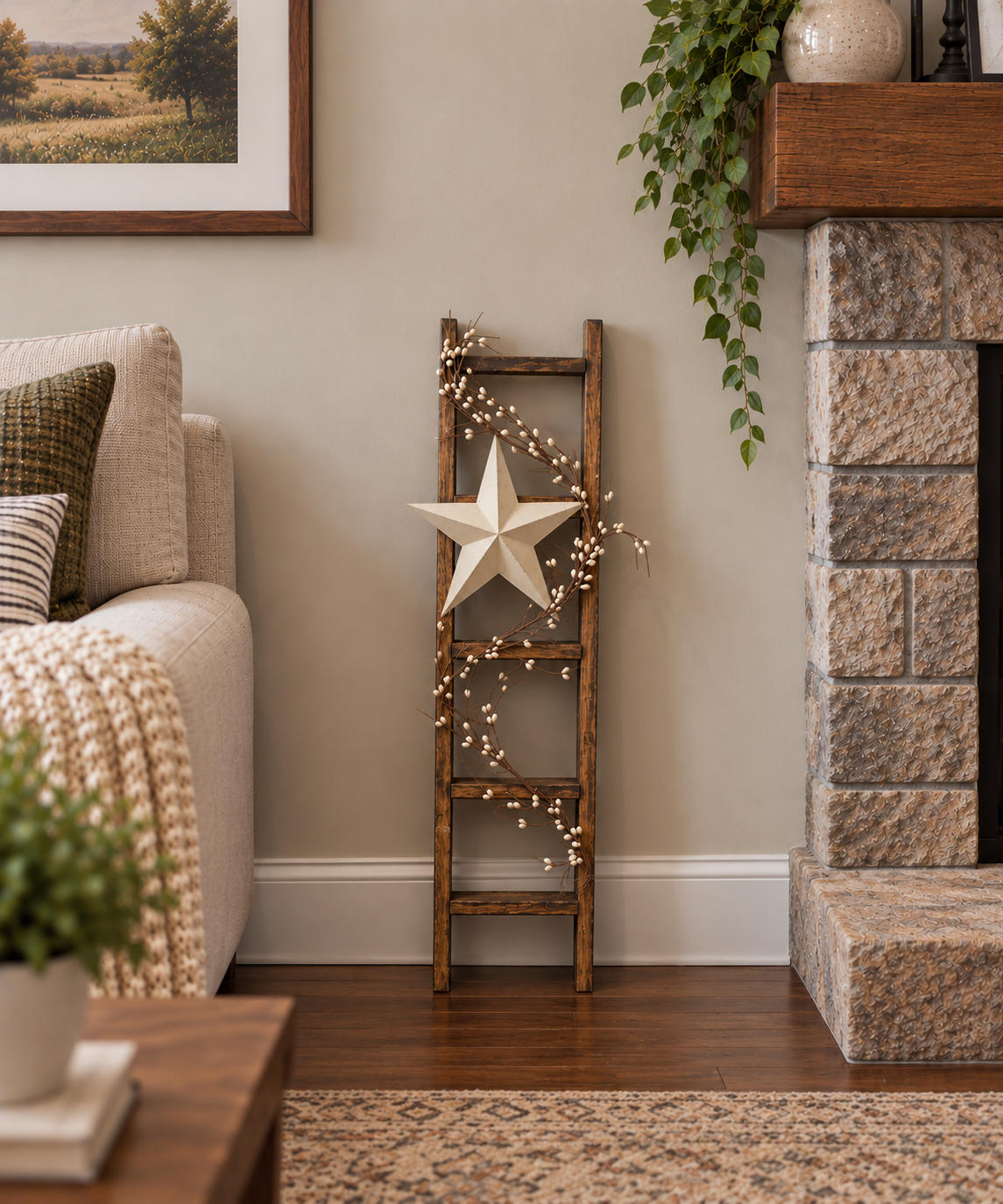 Rustic Farmhouse Decorative Ladder with Cream Barn Star & Pip Berry Garland | Primitive Country Home Decor | 30 Inch Wood Ladder