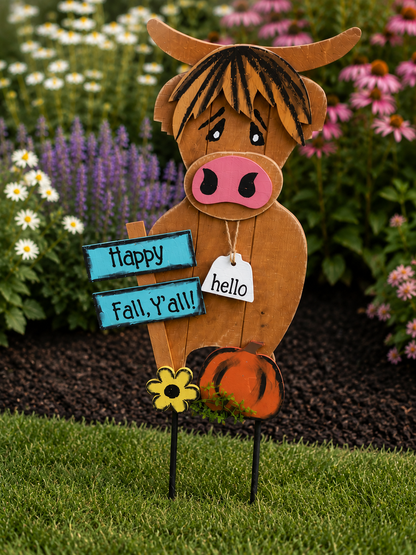 Amish Made "Happy Fall Y'all" Highland Cow Porch Sitter and Yard Stake | Handmade Wooden Garden Decor | Rustic Fall Decor