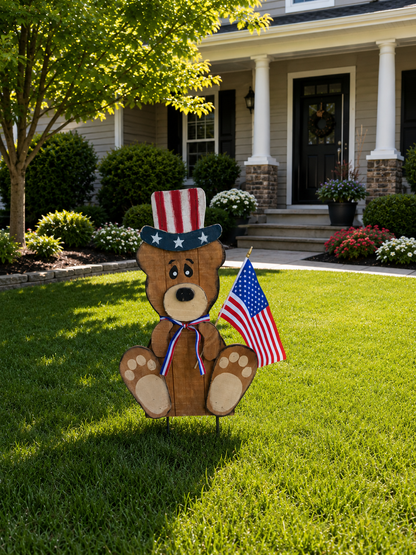 Amish Made Patriotic Wooden Bear Yard Stake | Handmade Uncle Sam Bear Garden Decor | Rustic 4th of July Outdoor Decoration