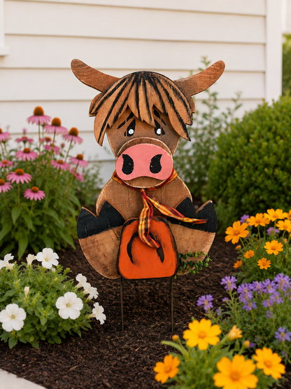 Amish Made Fall Highland Cow Porch Sitter and Yard Stake | Handmade Wooden Garden Decor | Rustic Fall Decor (Copy)