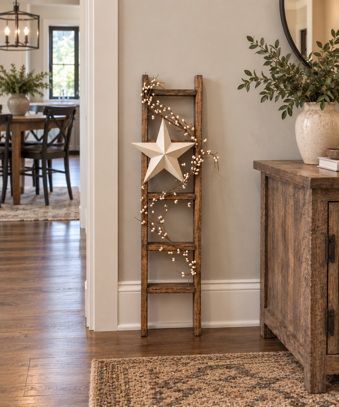 Rustic Farmhouse Decorative Ladder with Cream Barn Star & Pip Berry Garland | Primitive Country Home Decor | 30 Inch Wood Ladder