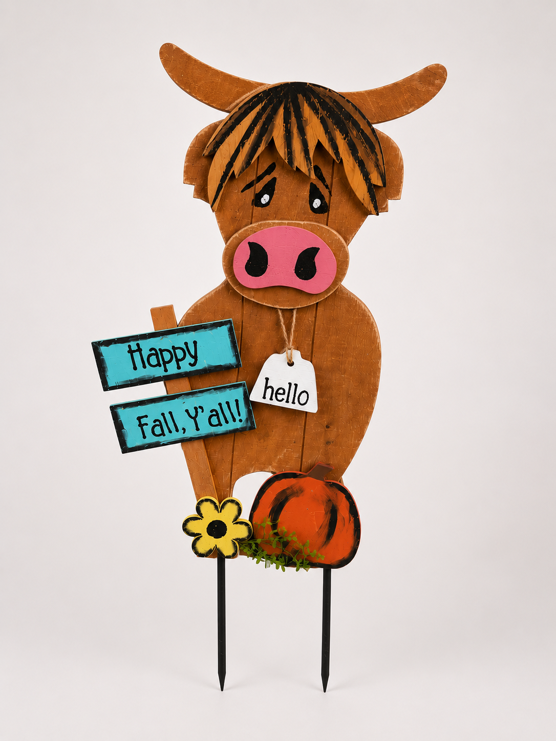 Amish Made "Happy Fall Y'all" Highland Cow Porch Sitter and Yard Stake | Handmade Wooden Garden Decor | Rustic Fall Decor