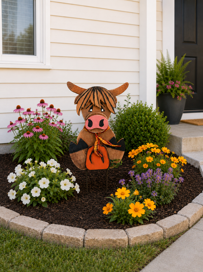 Amish Made Fall Highland Cow Porch Sitter and Yard Stake | Handmade Wooden Garden Decor | Rustic Fall Decor (Copy)