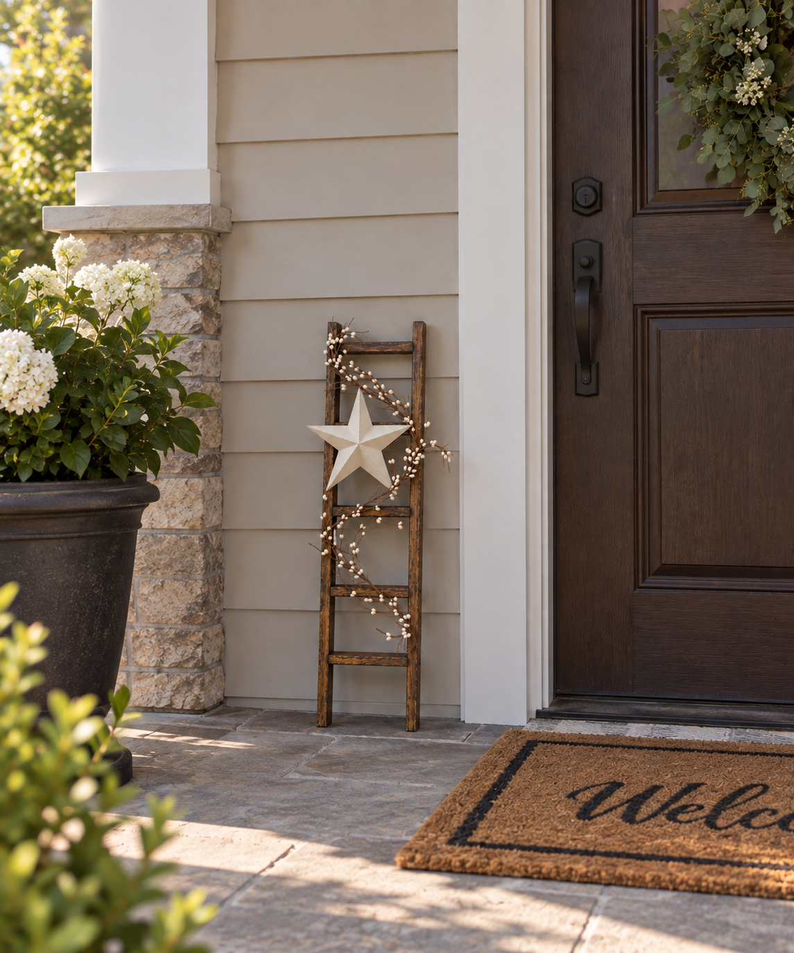 Rustic Farmhouse Decorative Ladder with Cream Barn Star & Pip Berry Garland | Primitive Country Home Decor | 30 Inch Wood Ladder