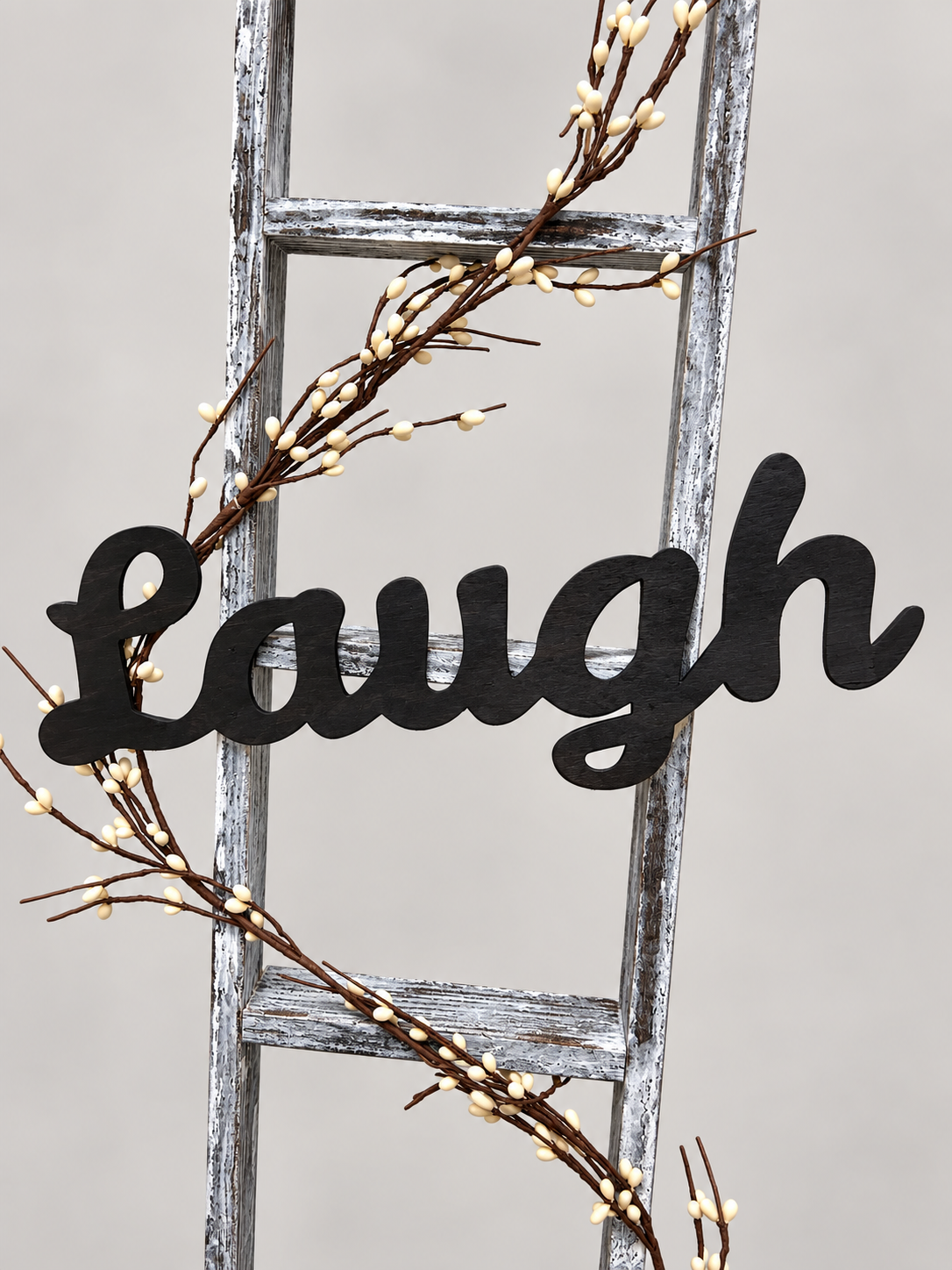 Amish Made Rustic Live Laugh Love Ladder Decor, 48 Inch Farmhouse Decorative Ladder, Pip Berry Garland, Primitive Country Home Decor