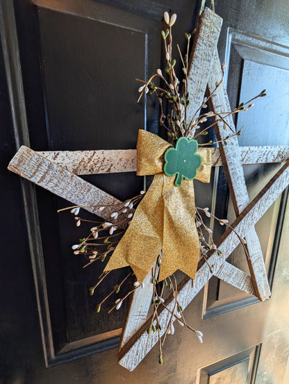 Rustic Wooden Star Door Hanger, St. Patrick’s Day Farmhouse Decor with Shamrock Accent
