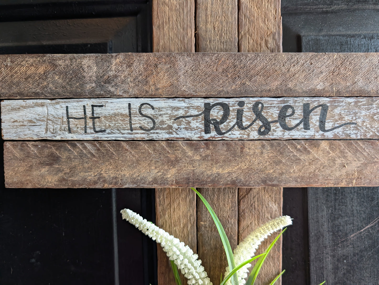 Amish Made Wooden "He is risen" Cross Decor | Wood Lathe Cross | Rustic Farmhouse Christian Home Decor | White or Natural Wood