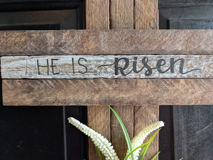 Amish Made Wooden "He is risen" Cross Decor | Wood Lathe Cross | Rustic Farmhouse Christian Home Decor | White or Natural Wood