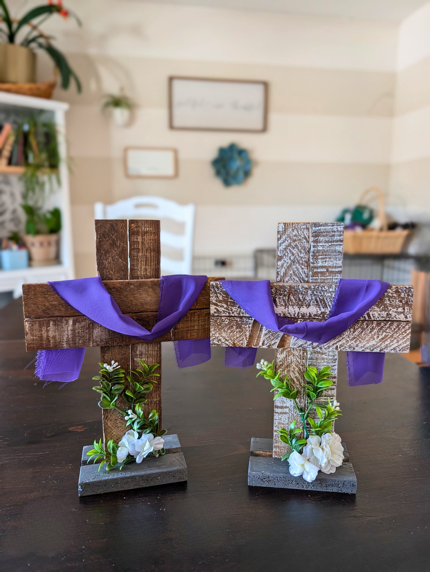 Amish Made Wooden Cross Decor | Wood Lathe Cross with Base | Rustic Farmhouse Christian Home Decor | Small or Large | White or Natural Wood