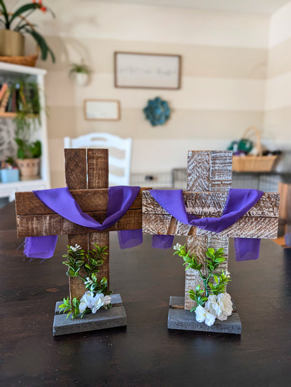 Amish Made Wooden Cross Decor | Wood Lathe Cross with Base | Rustic Farmhouse Christian Home Decor | Small or Large | White or Natural Wood