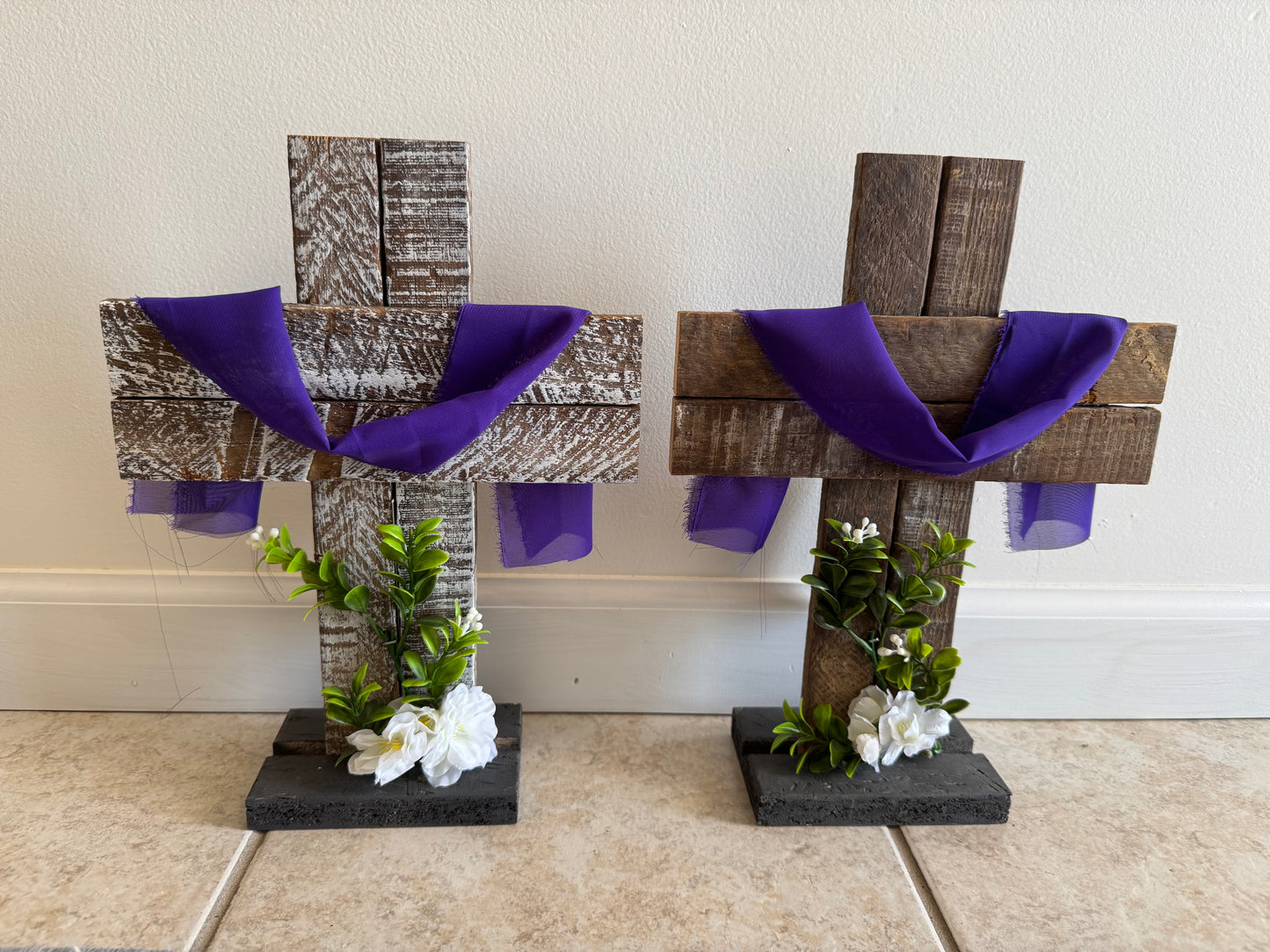 Amish Made Wooden Cross Decor | Wood Lathe Cross with Base | Rustic Farmhouse Christian Home Decor | Small or Large | White or Natural Wood