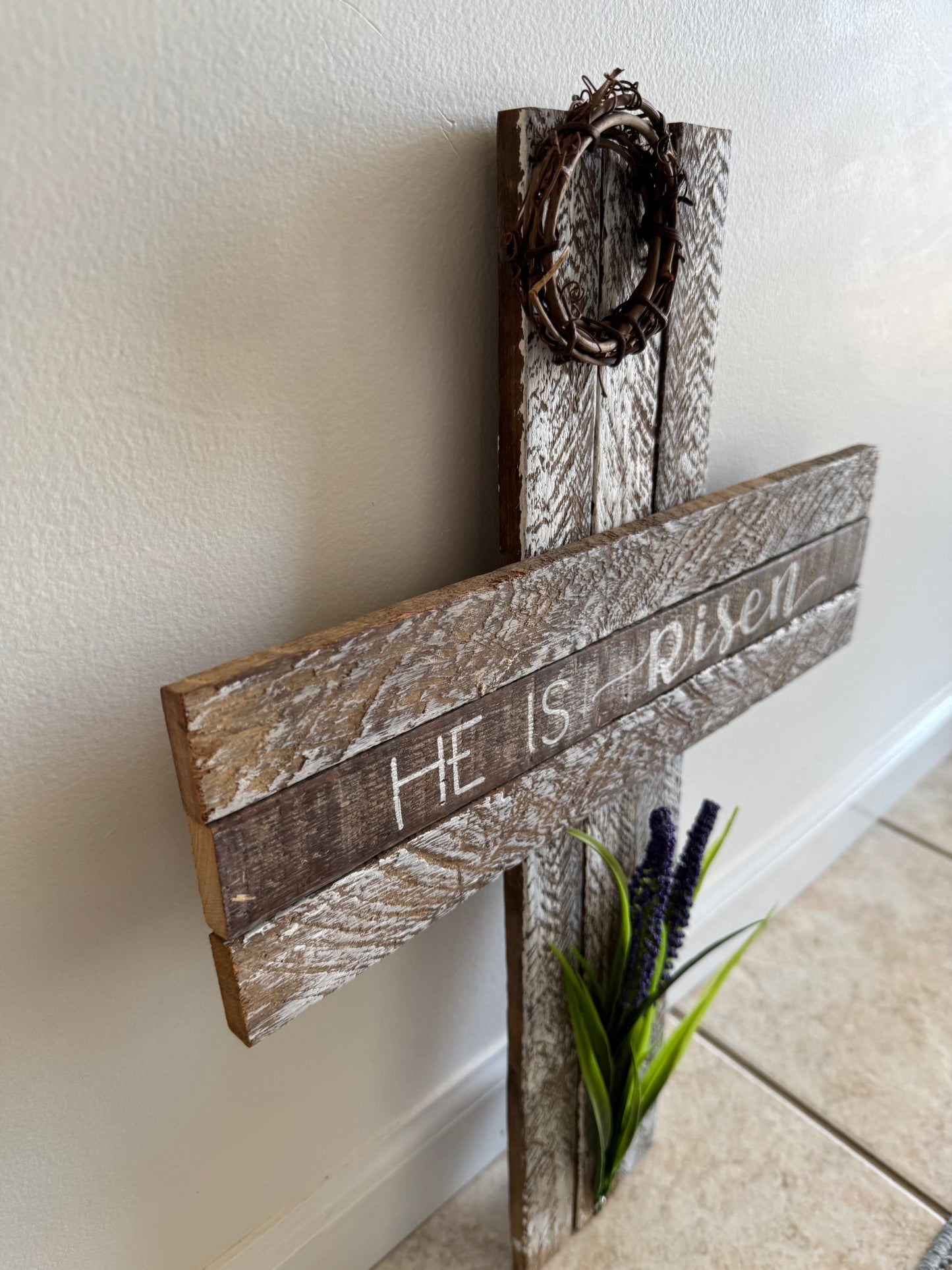 Amish Made Wooden "He is risen" Cross Decor | Wood Lathe Cross | Rustic Farmhouse Christian Home Decor | White or Natural Wood