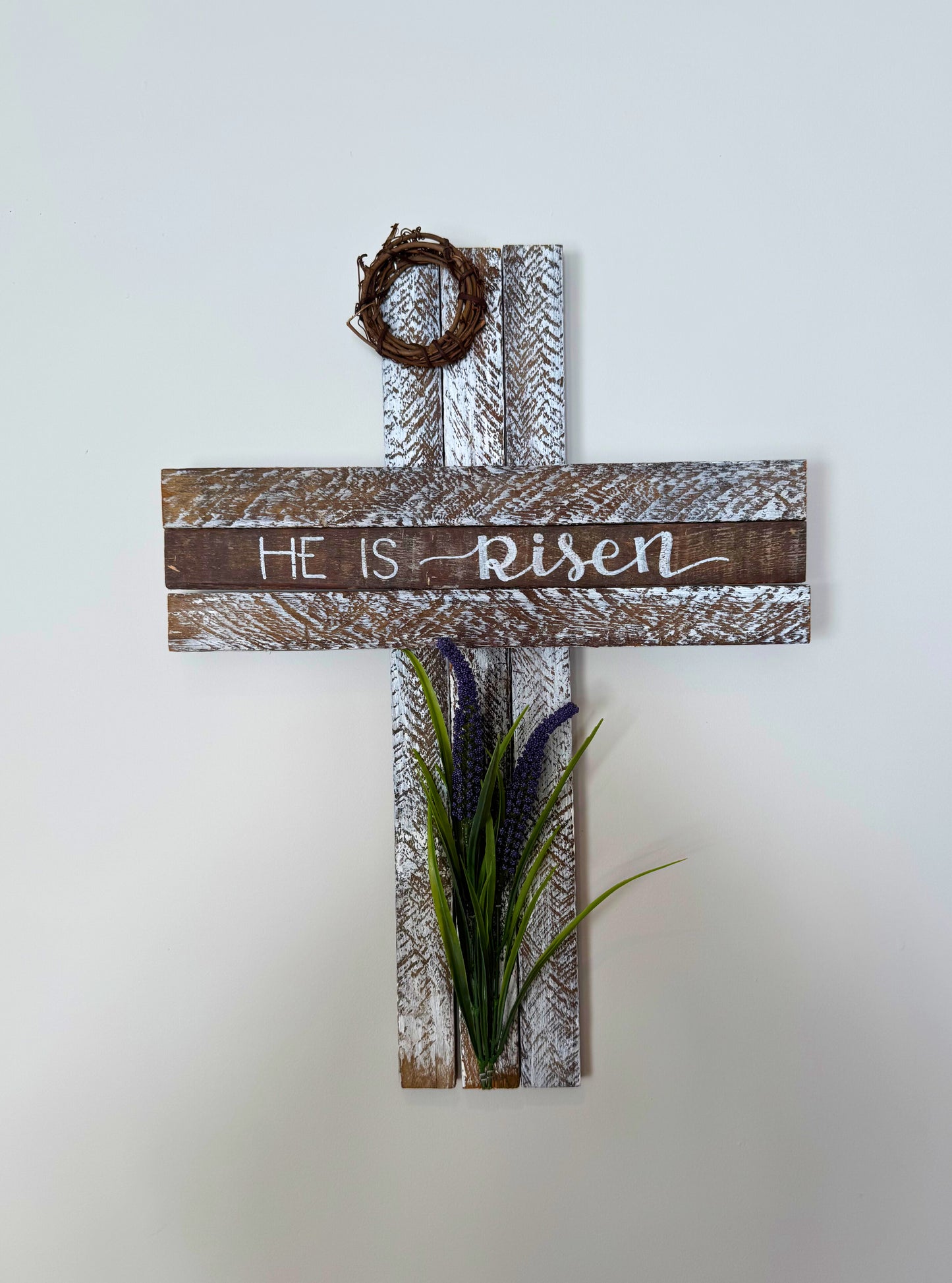 Amish Made Wooden "He is risen" Cross Decor | Wood Lathe Cross | Rustic Farmhouse Christian Home Decor | White or Natural Wood