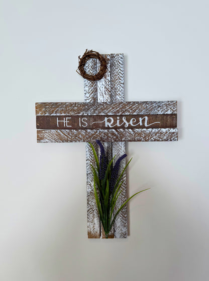 Amish Made Wooden "He is risen" Cross Decor | Wood Lathe Cross | Rustic Farmhouse Christian Home Decor | White or Natural Wood