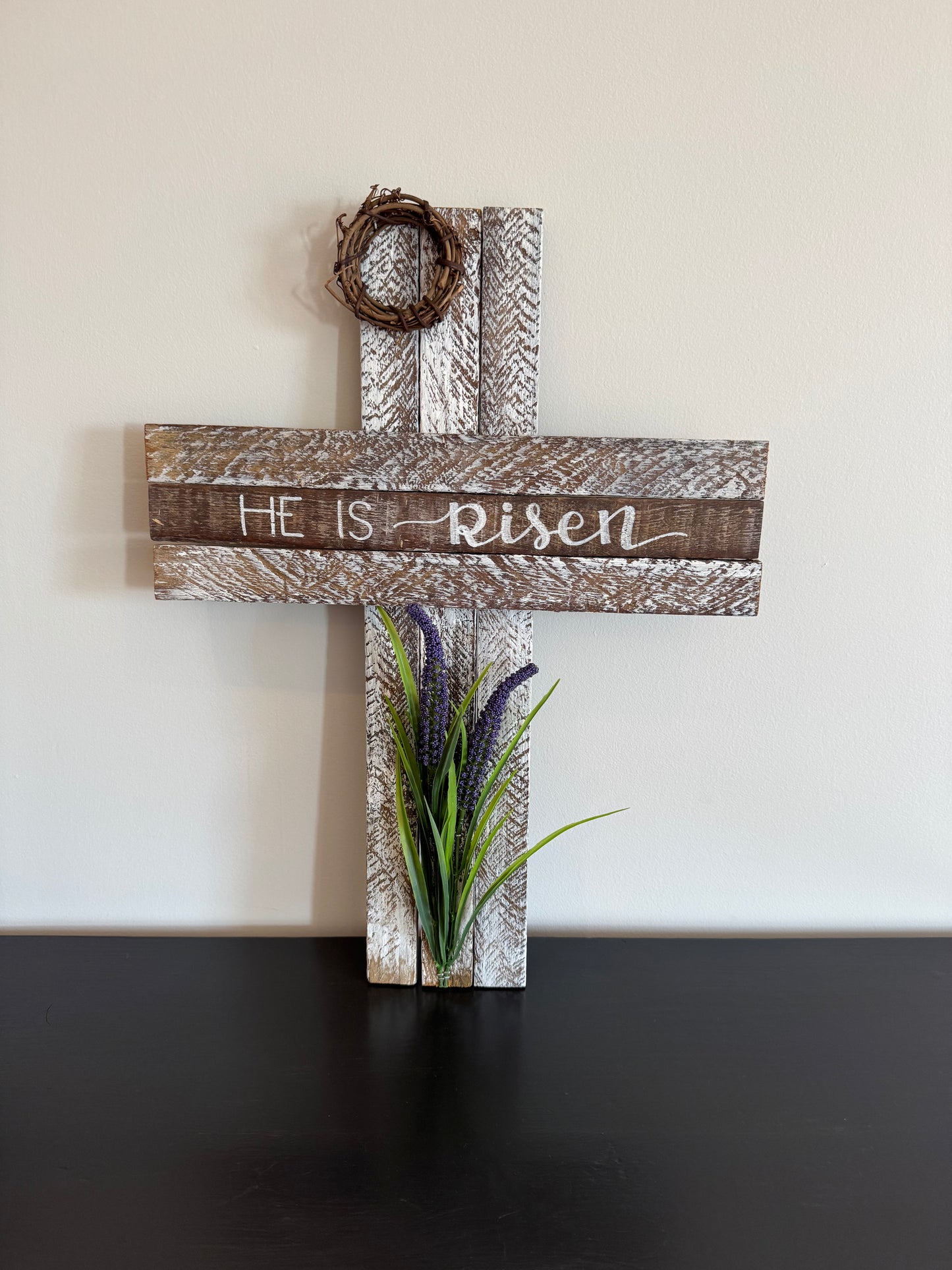 Amish Made Wooden "He is risen" Cross Decor | Wood Lathe Cross | Rustic Farmhouse Christian Home Decor | White or Natural Wood