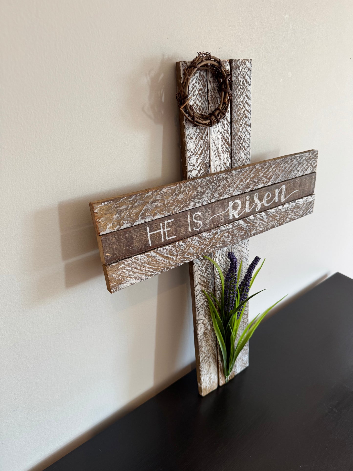 Amish Made Wooden "He is risen" Cross Decor | Wood Lathe Cross | Rustic Farmhouse Christian Home Decor | White or Natural Wood