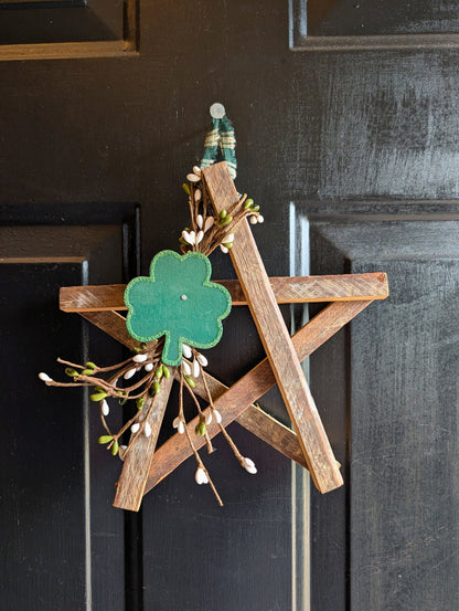 Rustic Wooden Star Door Hanger, St. Patrick’s Day Farmhouse Decor with Shamrock Accent