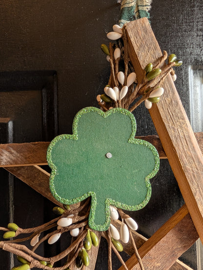 Rustic Wooden Star Door Hanger, St. Patrick’s Day Farmhouse Decor with Shamrock Accent