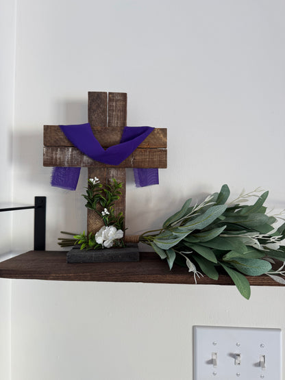 Amish Made Wooden Cross Decor | Wood Lathe Cross with Base | Rustic Farmhouse Christian Home Decor | Small or Large | White or Natural Wood