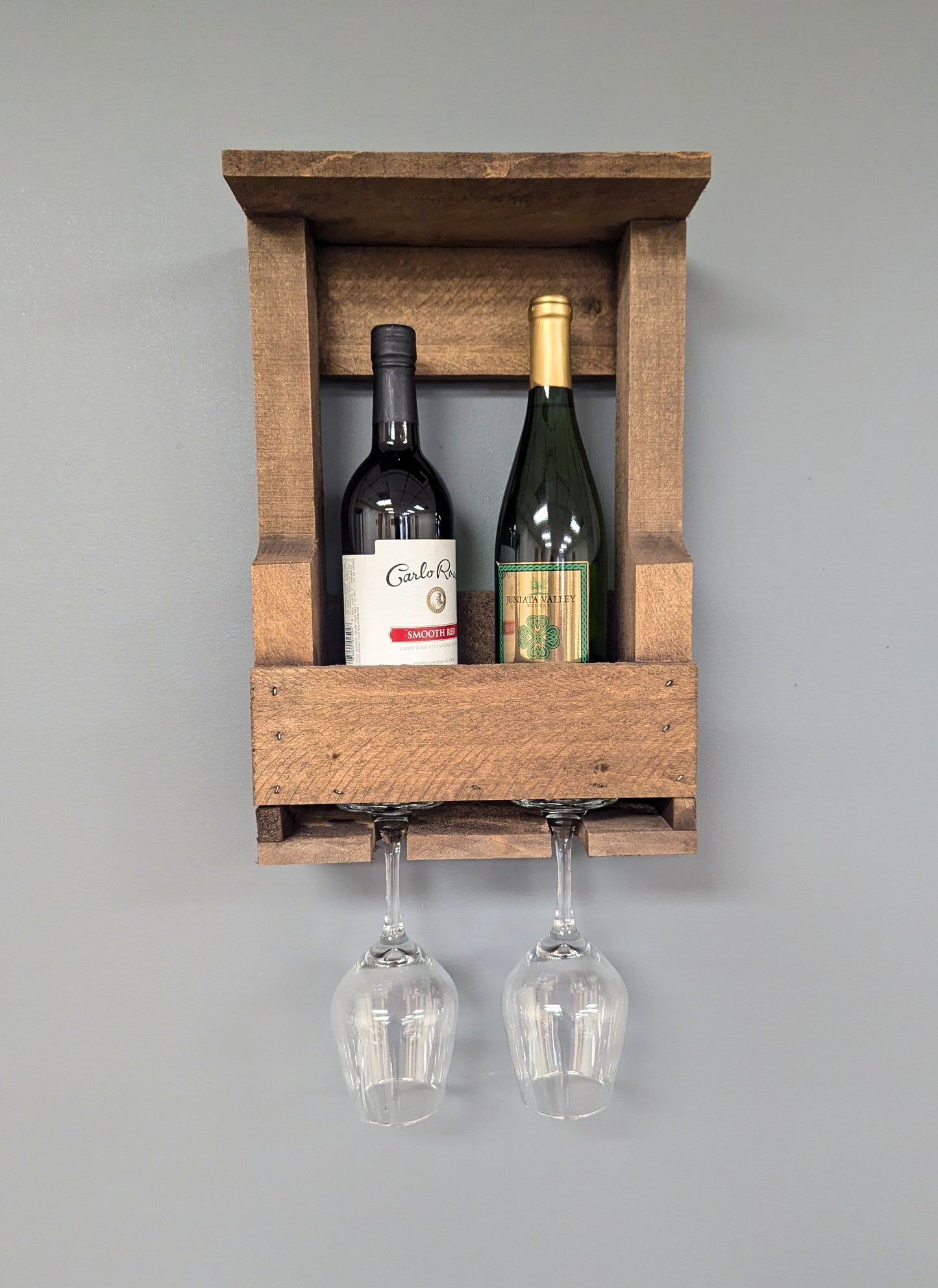 Wall Mount Wooden Wine Rack -2 Bottle Holder with Glass Hanger- Amish Made