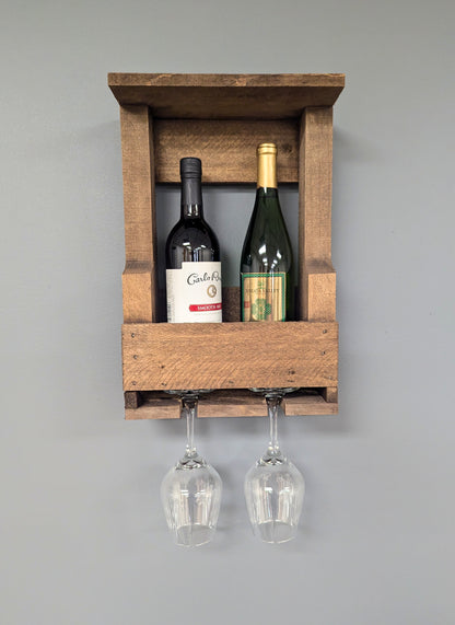 Wall Mount Wooden Wine Rack -2 Bottle Holder with Glass Hanger- Amish Made