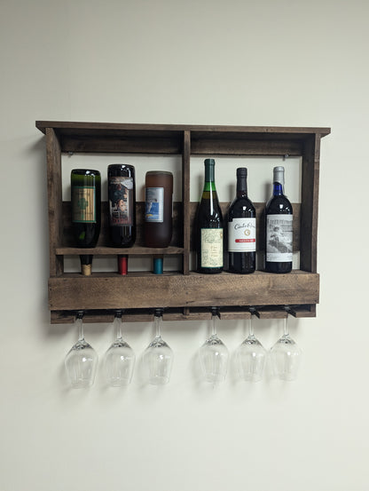 Amish Made 6 Bottle Wine Rack - Wall Mount Wine Storage & Glass Hanger - Wooden Pallet Bar Decor - Kitchen Organization