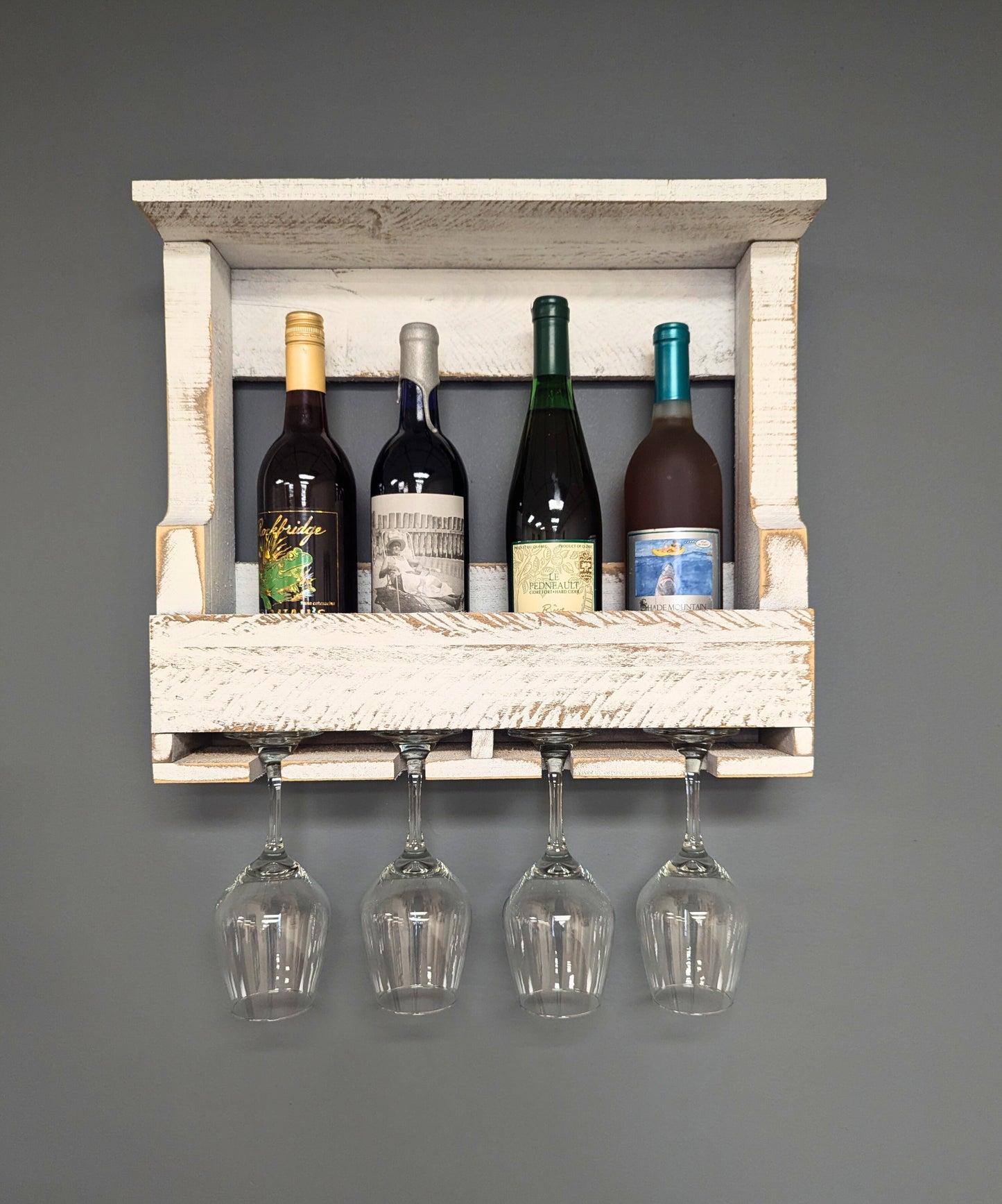 Wooden Wall Mount 4 Bottle Wine Rack - Amish Made Wine Storage & Wine Glass Hanger