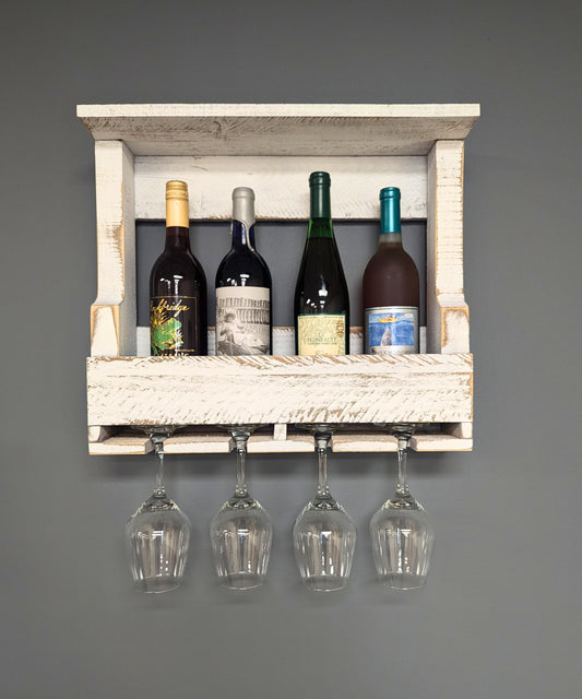 Wooden Wall Mount 4 Bottle Wine Rack - Amish Made Wine Storage & Wine Glass Hanger