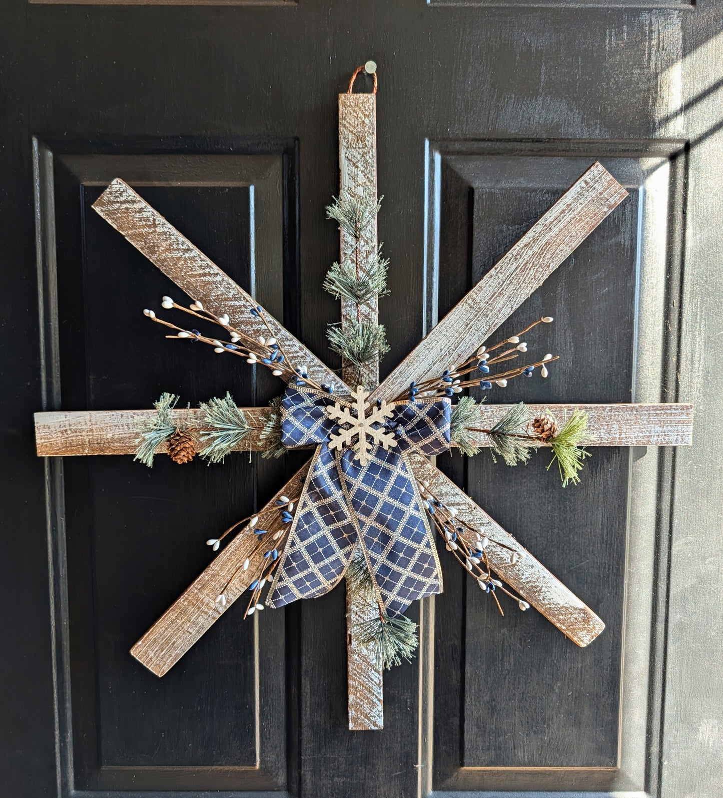 Handmade Wooden Snowflake with Greenery & Berries – Rustic Farmhouse Wall Decor, Amish made